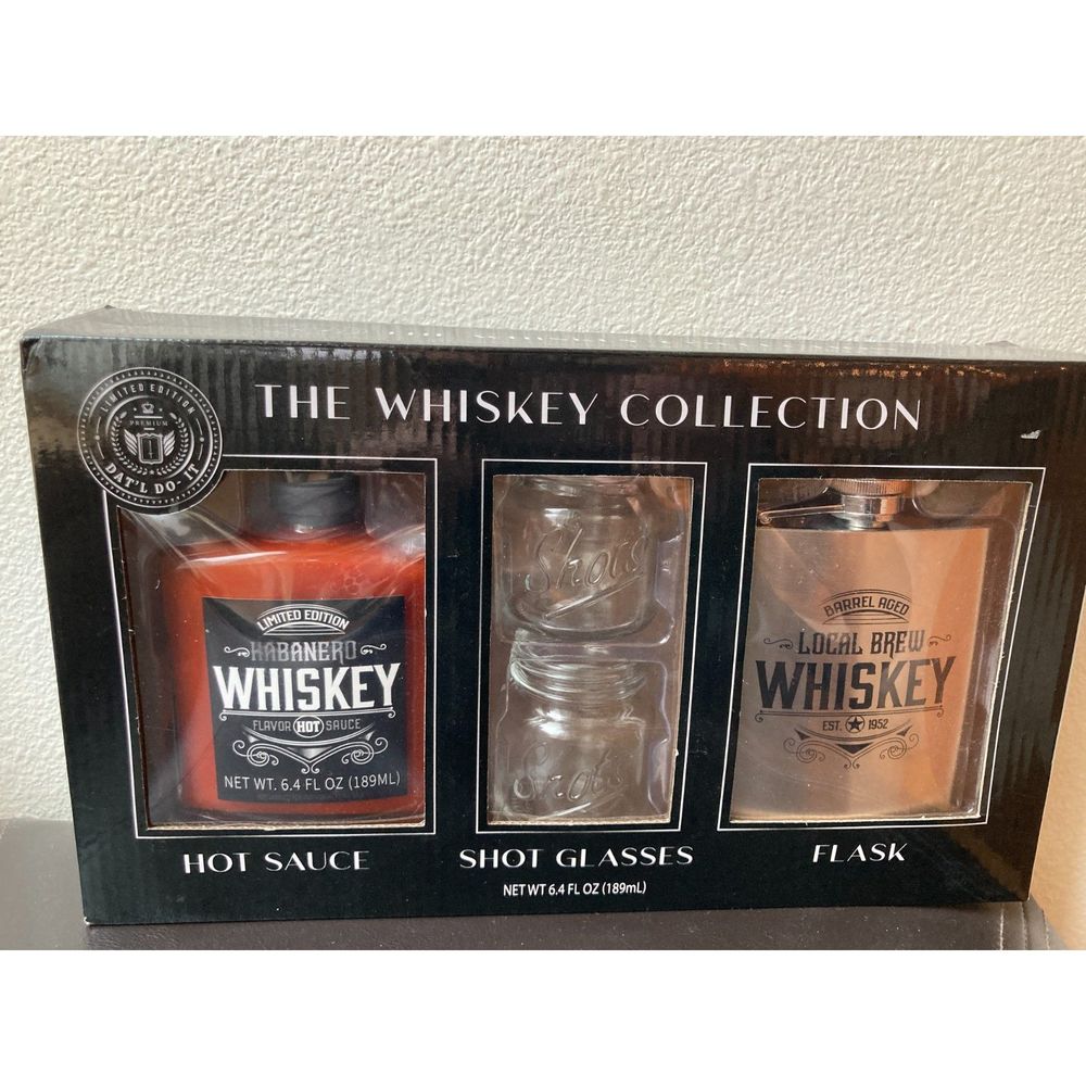 Dat'l Do It The Whiskey Collection Hananero hot sauce, shot glasses, flask NIB